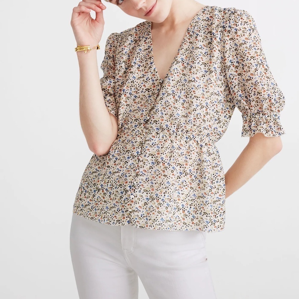 Madewell Silk V-Neck Peplum Popover Top Fieldwalk Floral Cottagecore Sz S Romant